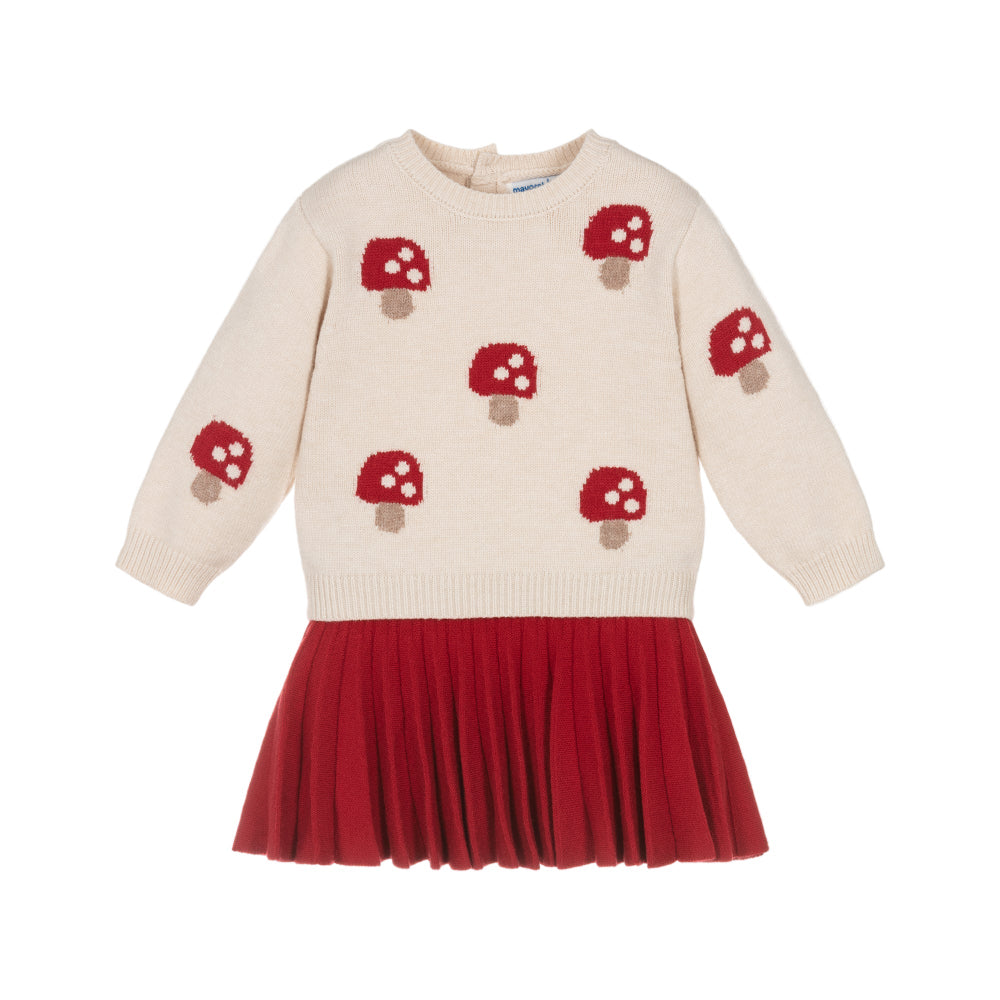 baby girl knit sweater set with red mushroom pattern and red pleated skirt