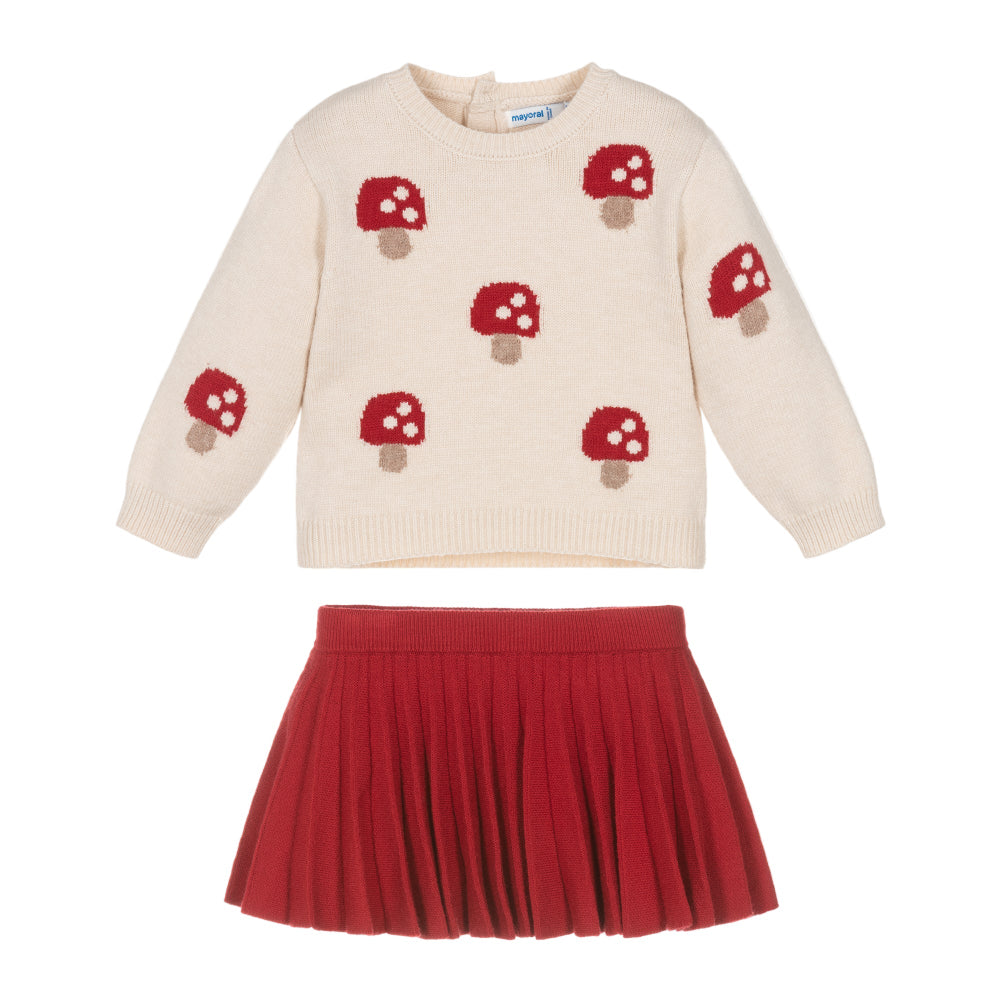 Mayoral girls baby tricot skirt set with mushroom sweater and red pleated skirt