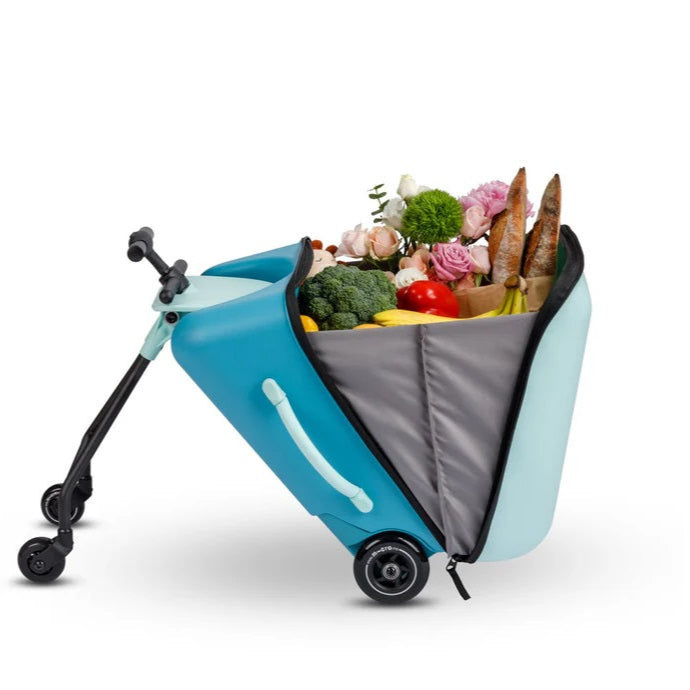 Micro Luggage Eazy Allrounder blue cargo cart with loaded bag of groceries