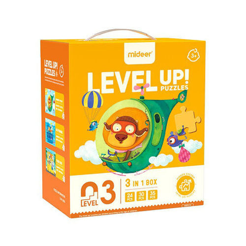 Mideer Level Up puzzle box 3 in 1, orange with tiger in green helicopter