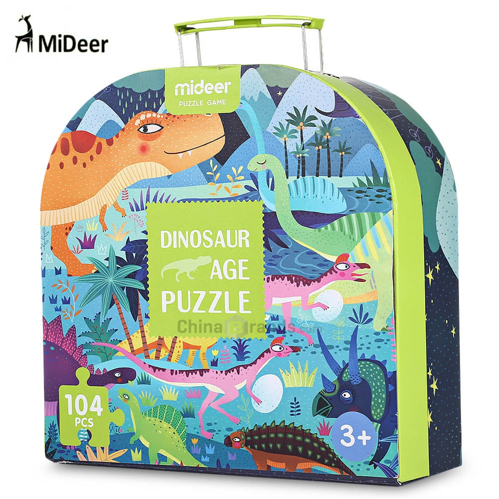 Dinosaur age puzzle set 104 pcs; colorful dinosaur scene; lime green case