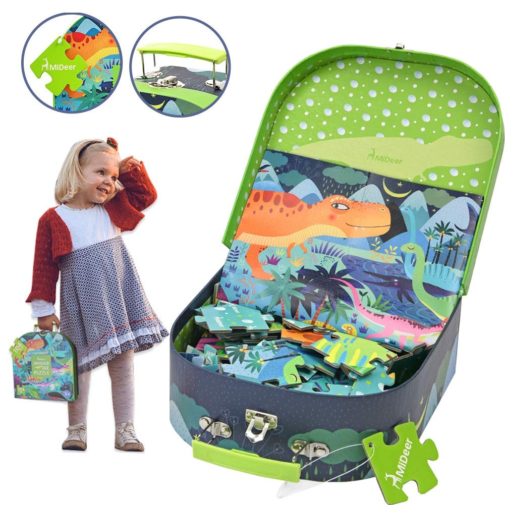 Mideer dinosaur age puzzle in a lime green polka dot carry case