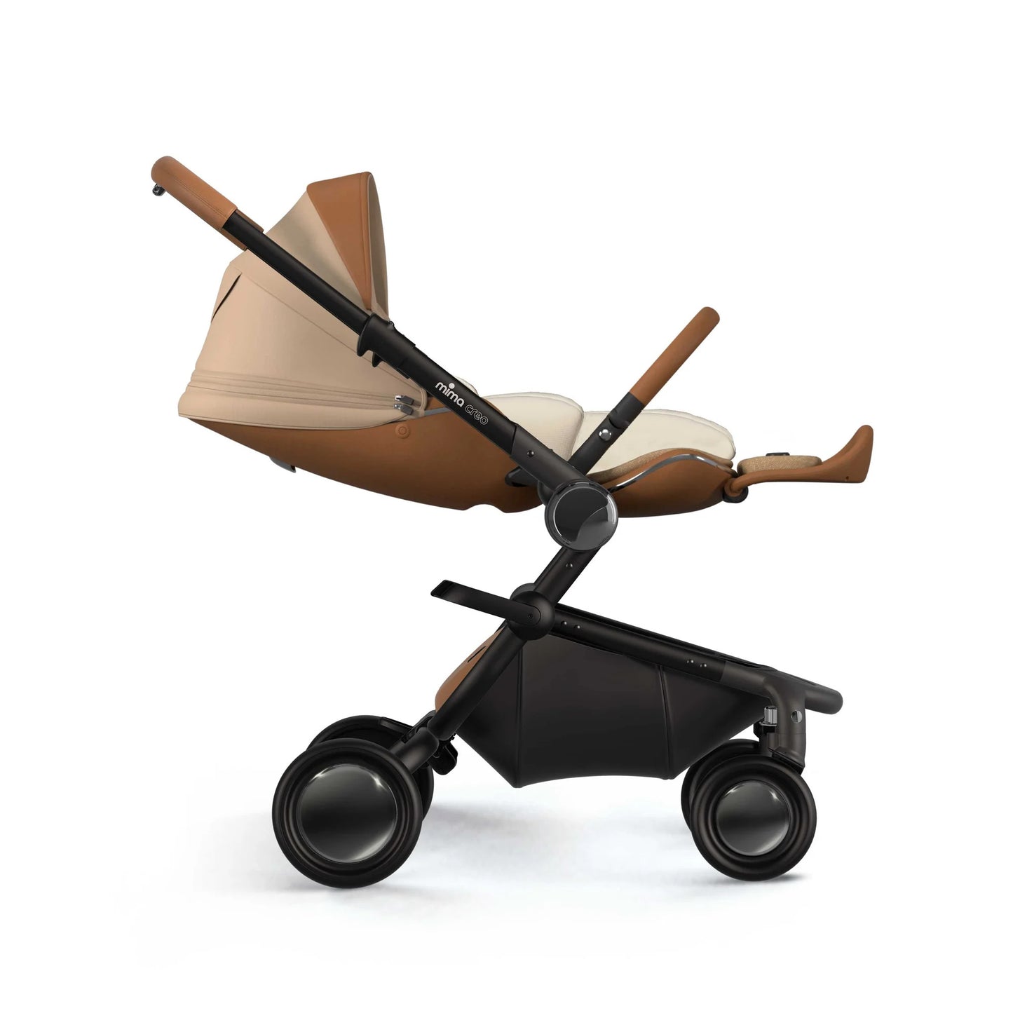 Mima Creo newborn snuggle stroller tan beige seat brown handles black frame