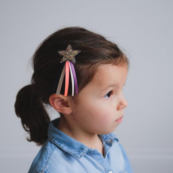 Mimi & Lula shooting star clips with glitter star and pink and purple ribbons