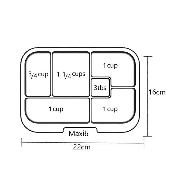 Munchbox Maxi 6 artwork tray, white lunch box with six divided compartments in varied sizes, 22x16 cm