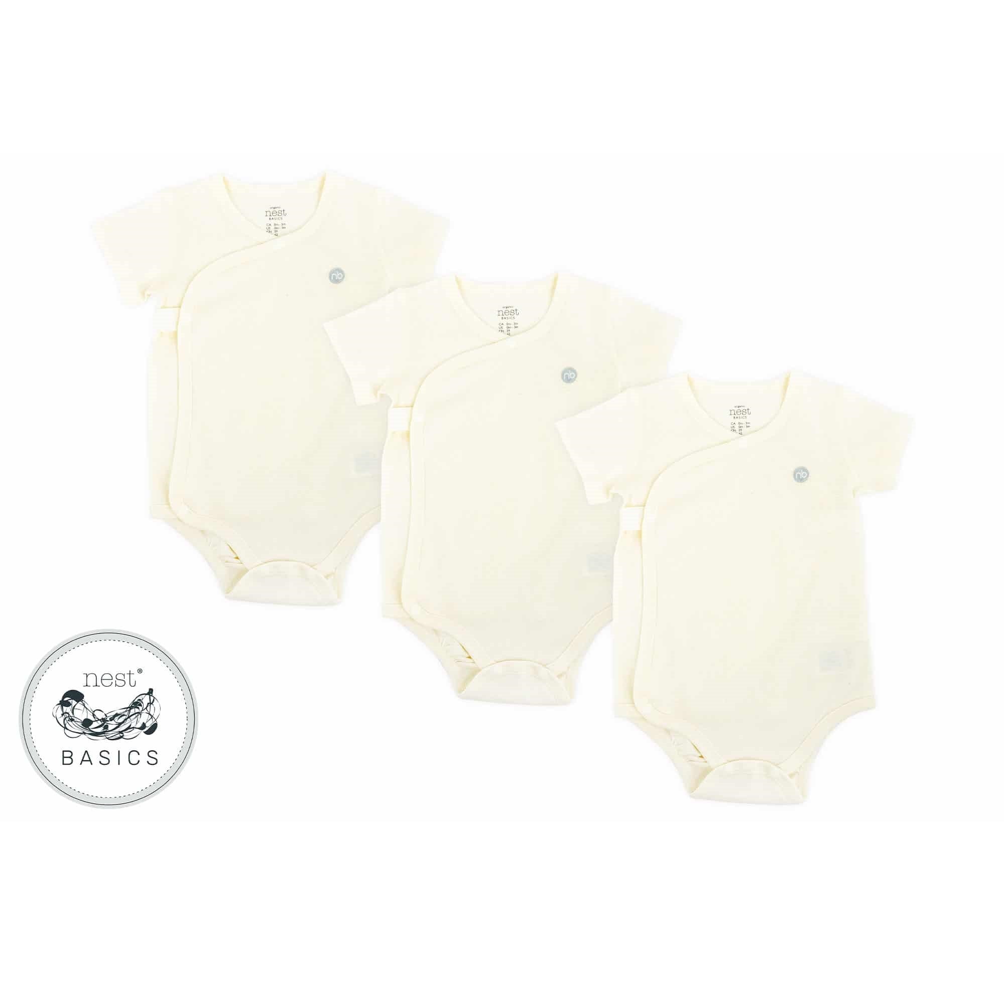 NEST DESIGNS BASICS ORGANIC COTTON RIBBED KIMONO SHORT SLEEVE ONESIE (3 PACK) WHITE BASICS ORGAN