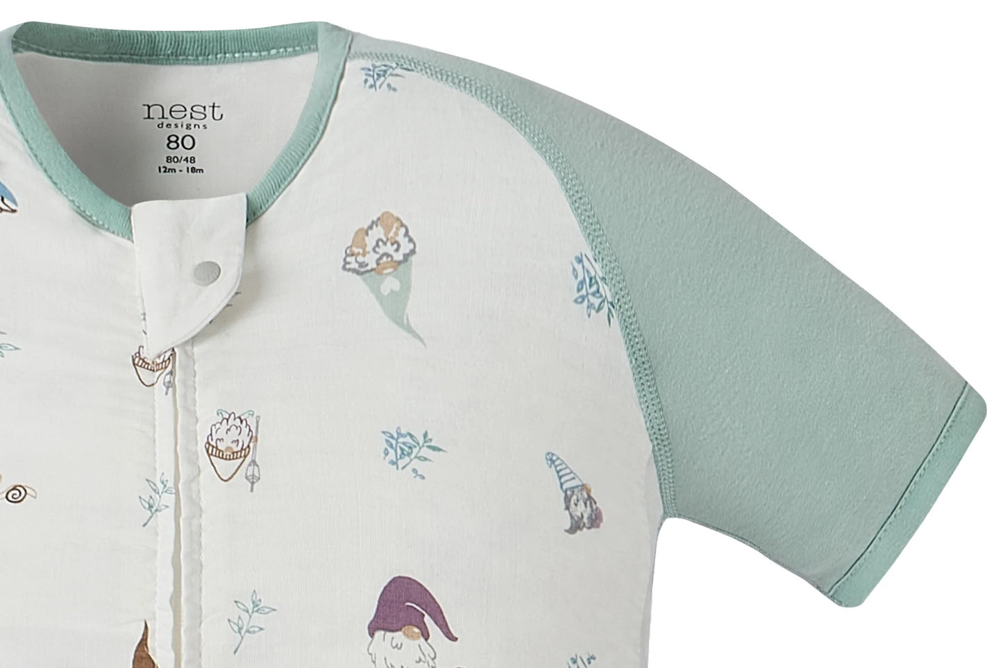 NEST DESIGNS RAGLAN BAMBOO PIMA SHORT SLEEVE FOOTED SLEEP BAG 0.6 TOG - OH GNOME - baby enRoute