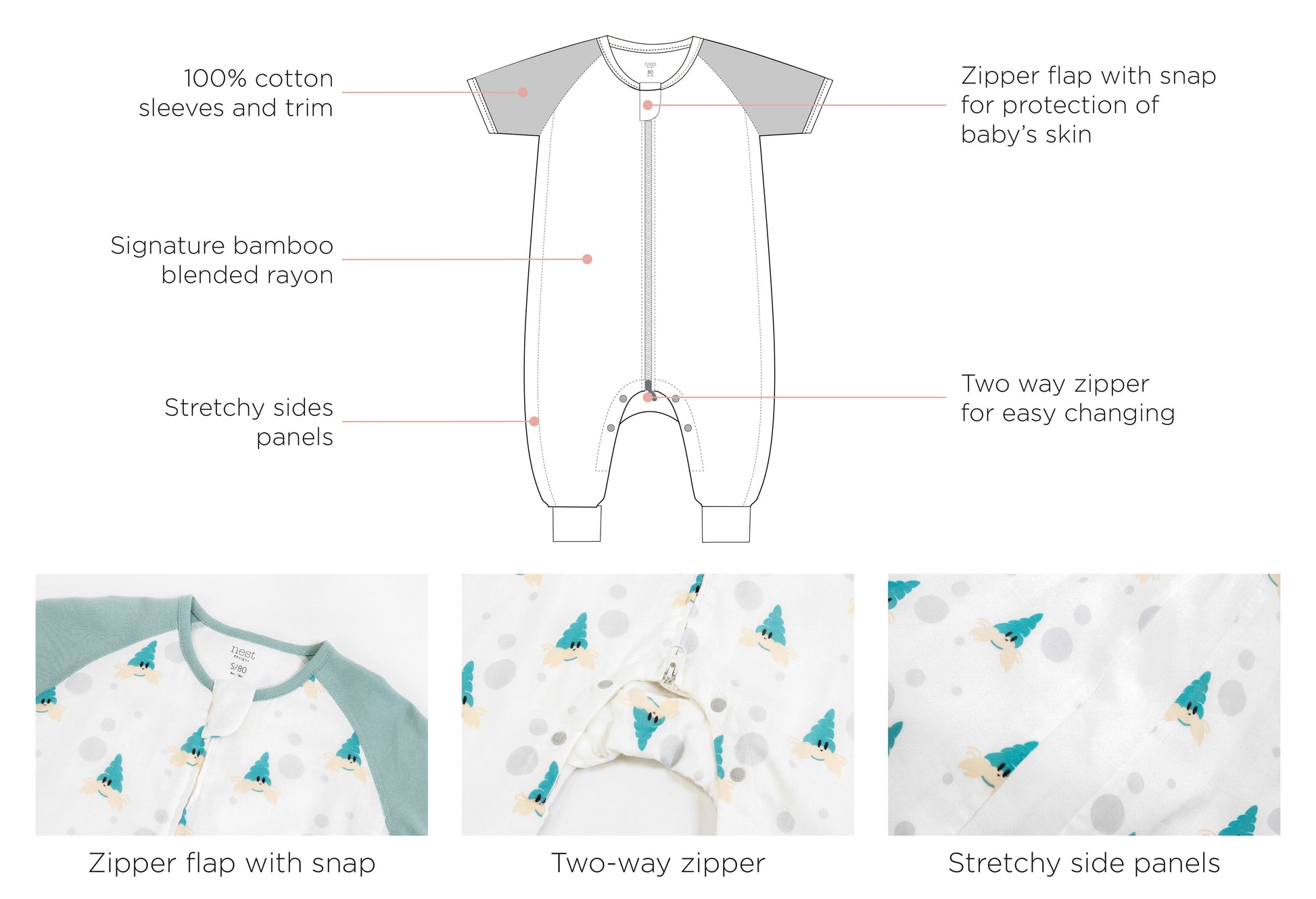 NEST DESIGNS RAGLAN BAMBOO PIMA SHORT SLEEVE SLEEP SUIT 0.6 TOG-THE HAPPY HERMIT
