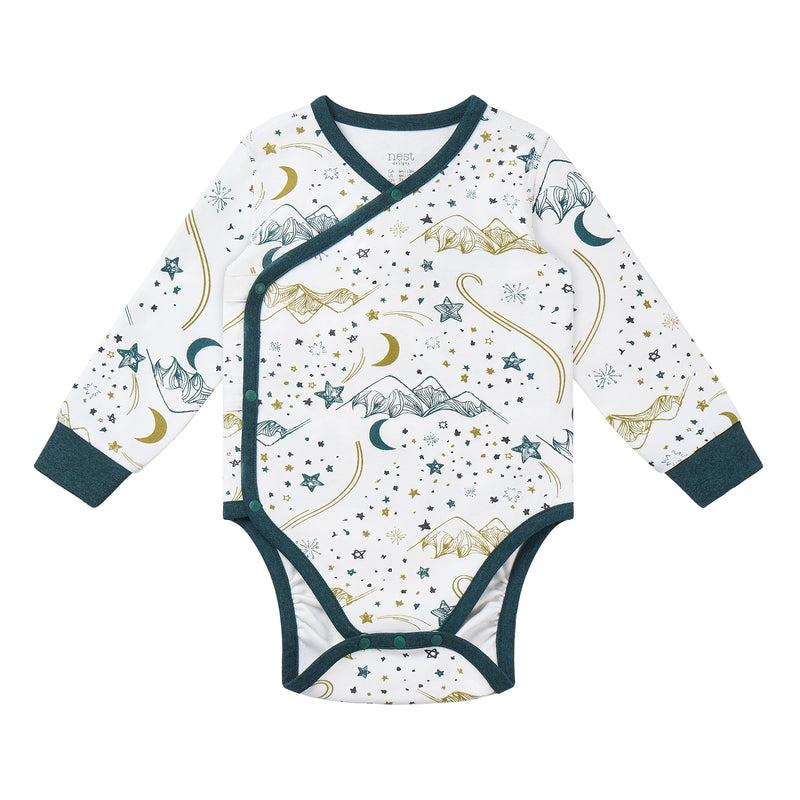 NEST DESIGNS ORGANIC COTTON LONG SLEEVE KIMONO ONESIE-STARS WHITE