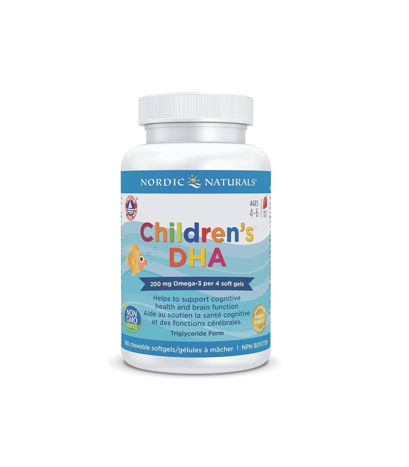 Nordic Naturals Children's DHA strawberry bottle with blue label