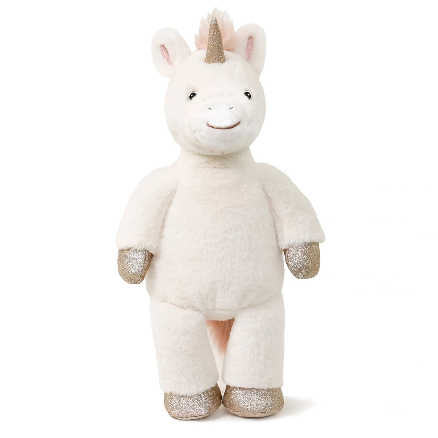 Misty unicorn plush, white vegan angora with glitter gold horn and hooves