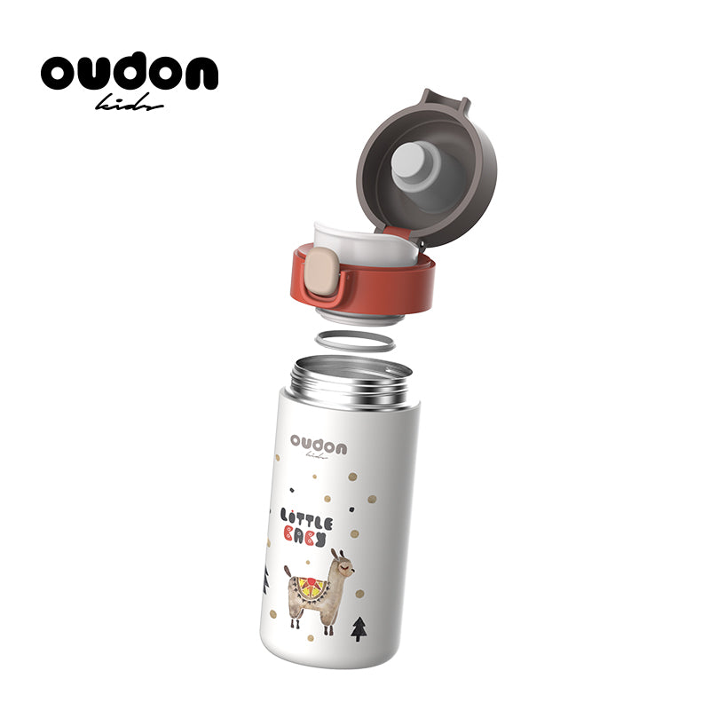 Oudon Kids thermal water bottle with red cap, white body featuring a llama graphic (OUDON)