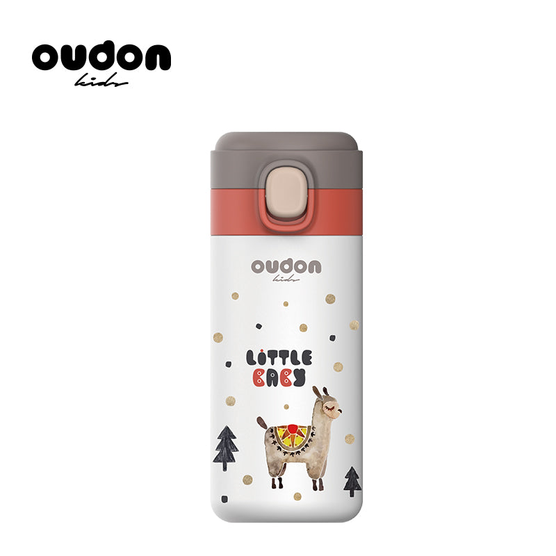 Oudon kids thermal water bottle white body with llama illustration, gold confetti, red cap