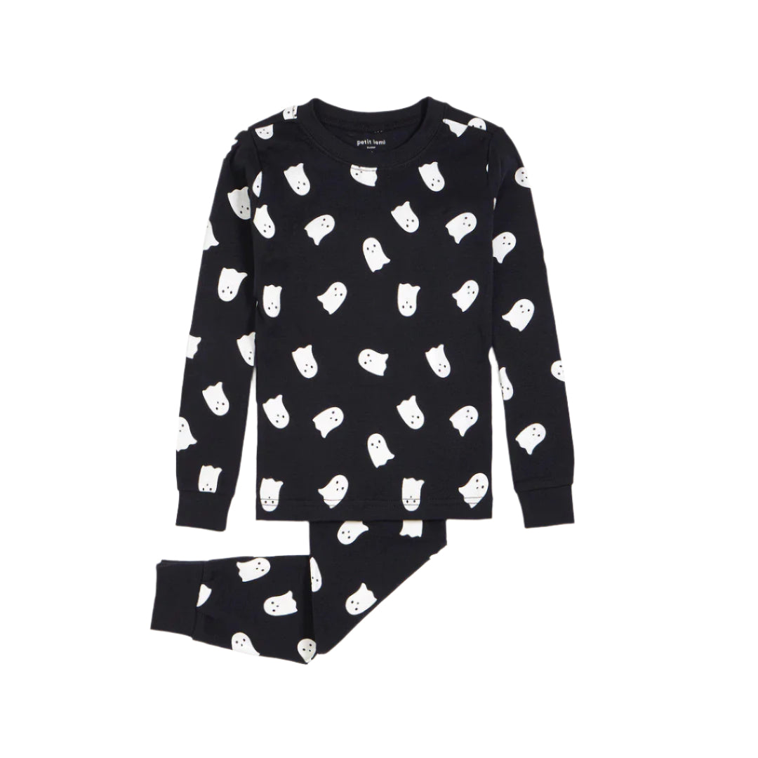 Petit Lem Ghosts Glow In The Dark Print On Black Pj Set
