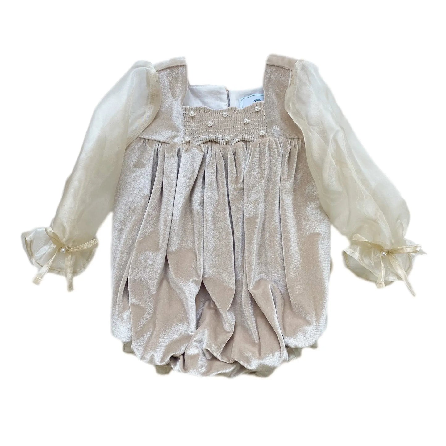 Petite Maison Kids Helena velour romper, ivory, long sheer sleeves