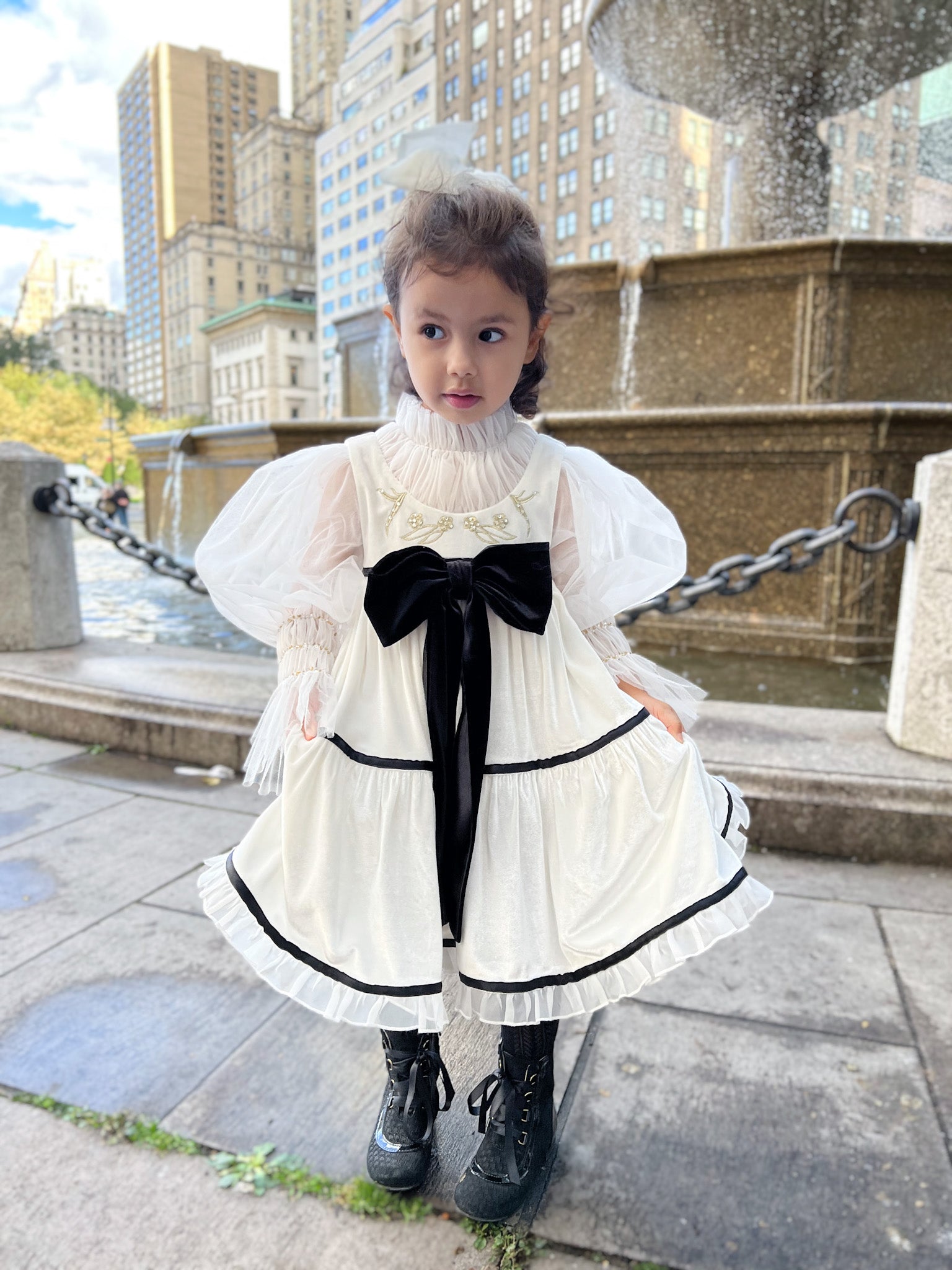 PETIT MAISON KIDS AURORA IVORY VELOUR DRESS