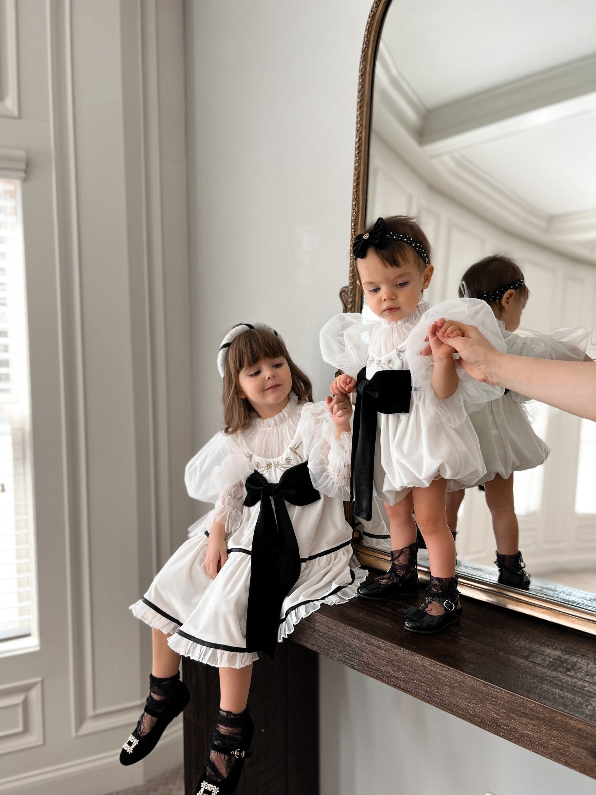 PETITE MAISON KIDS AURORA IVORY VELOUR DRESS WITH TULLE PUFF SLEEVES