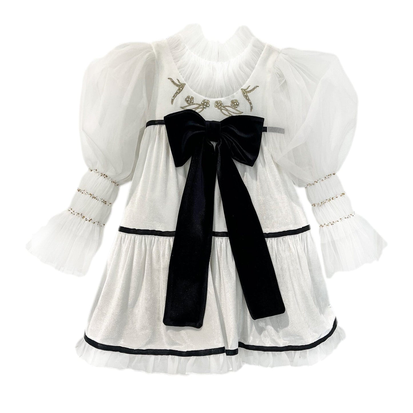 PETITE MAISON KIDS AURORA IVORY VELOUR DRESS WITH TULLE PUFF SLEEVES - baby enRoute