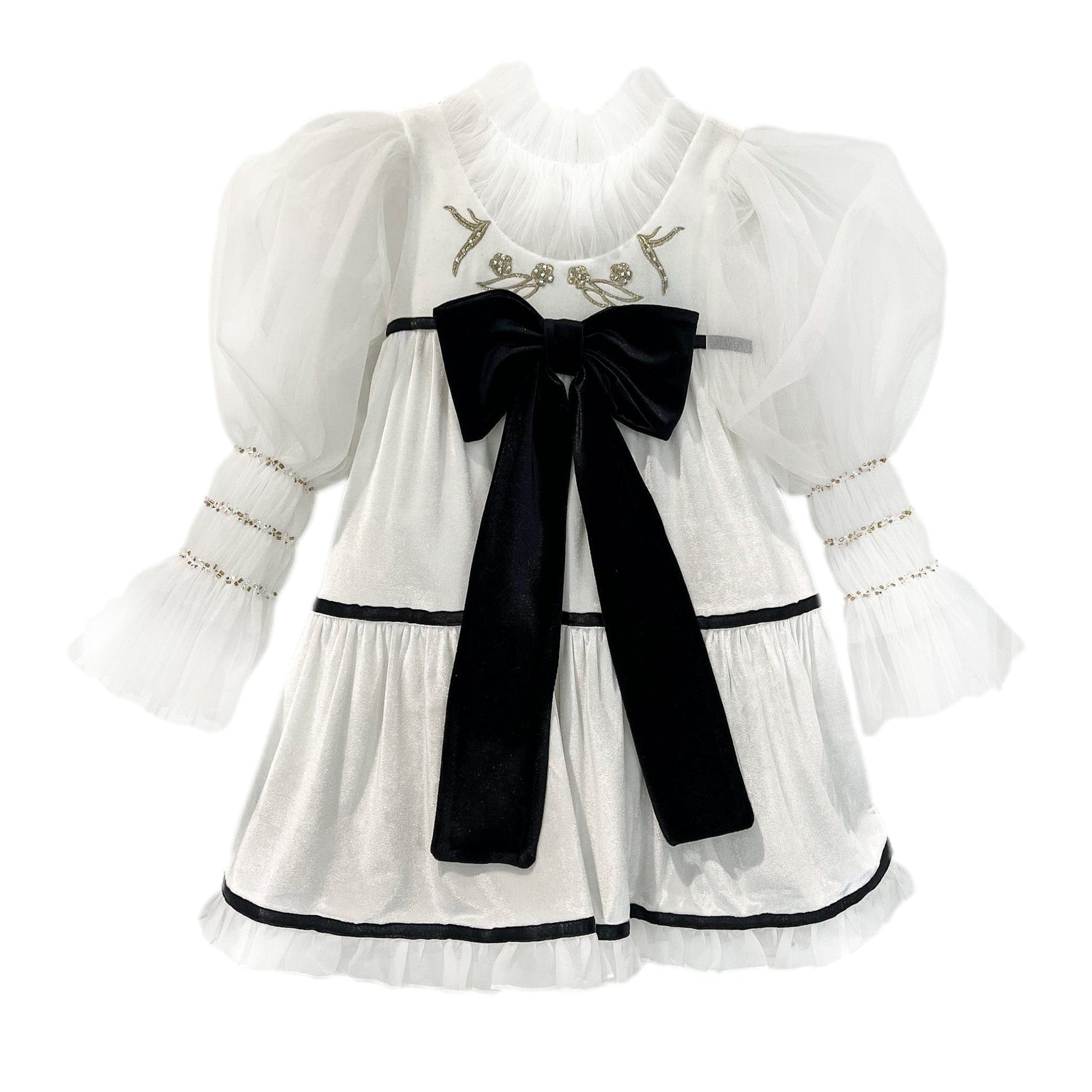 PETITE MAISON KIDS AURORA IVORY VELOUR DRESS WITH TULLE PUFF SLEEVES