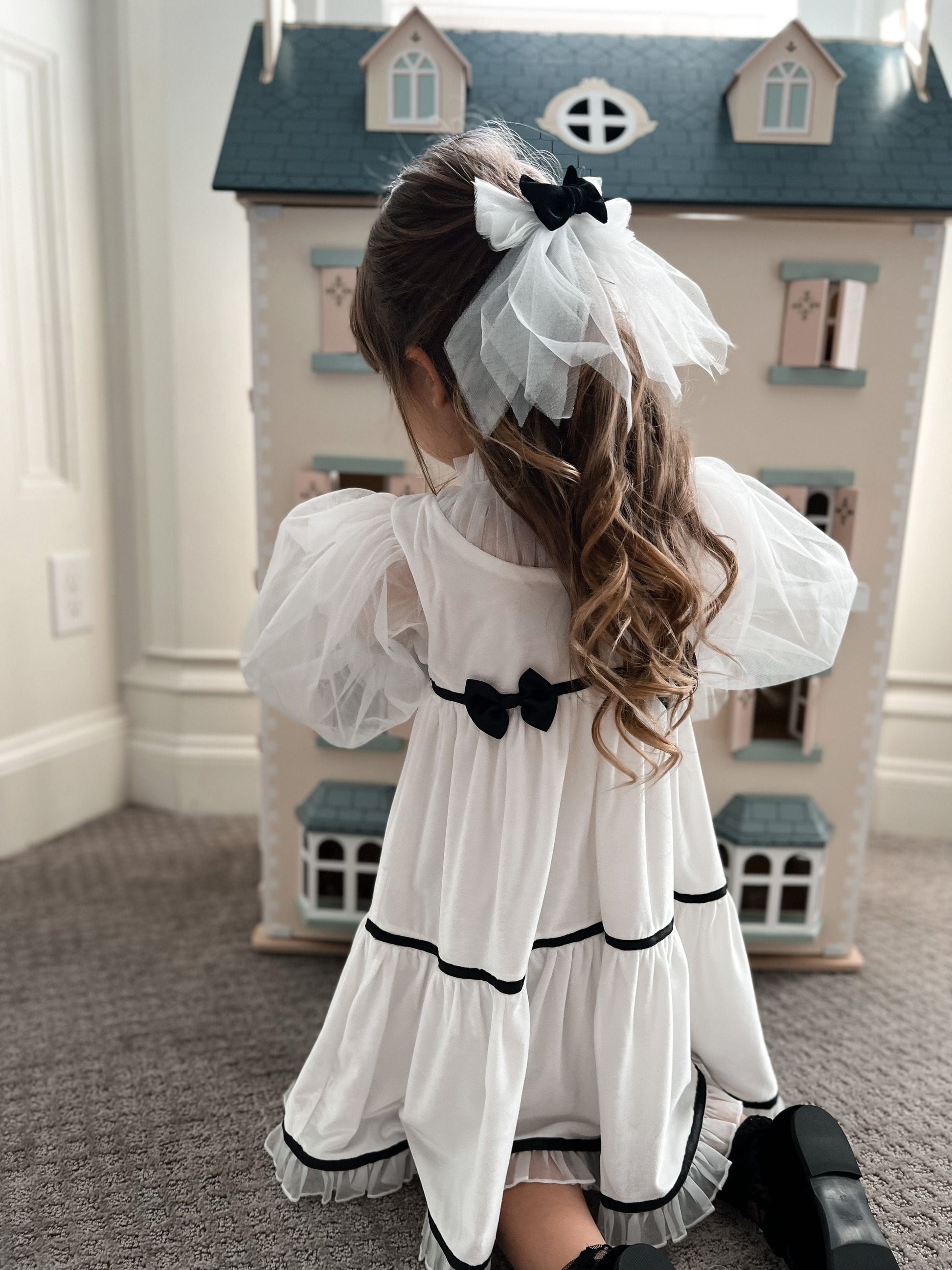 PETITE MAISON KIDS AURORA IVORY VELOUR DRESS WITH TULLE PUFF SLEEVES
