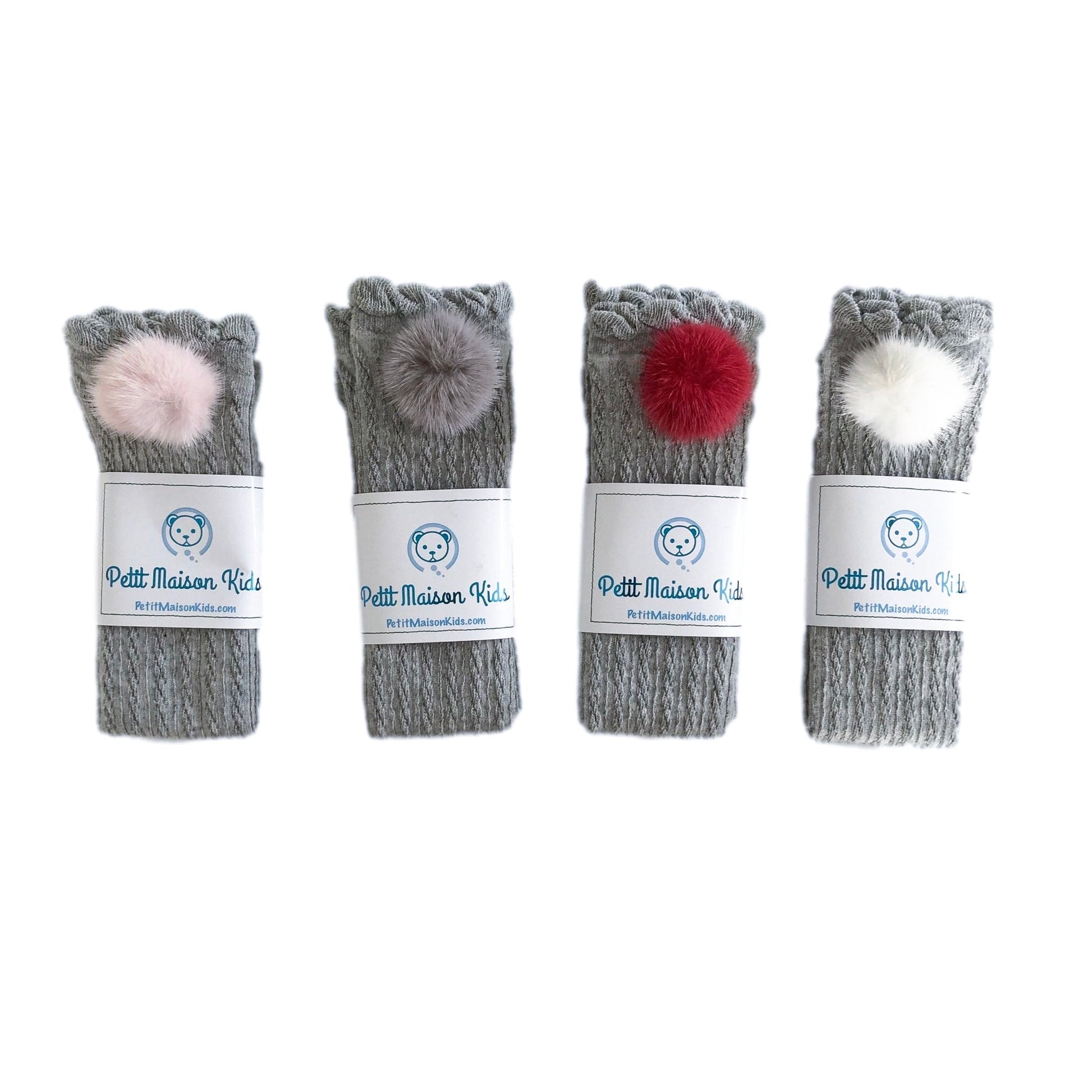 PETITE MAISON KIDS GREY KNEE HIGH SOCKS WITH POMS