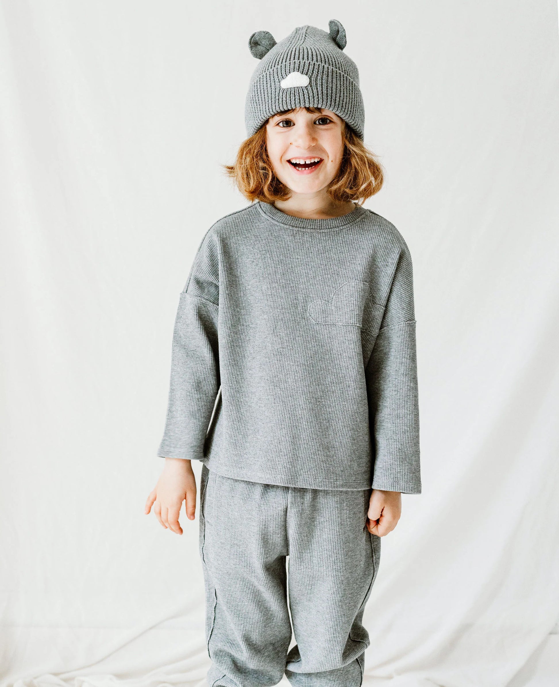 PETITE REVERY RAW EDGE WAFFLE KNIT LONG SLEEVE TOP STONE