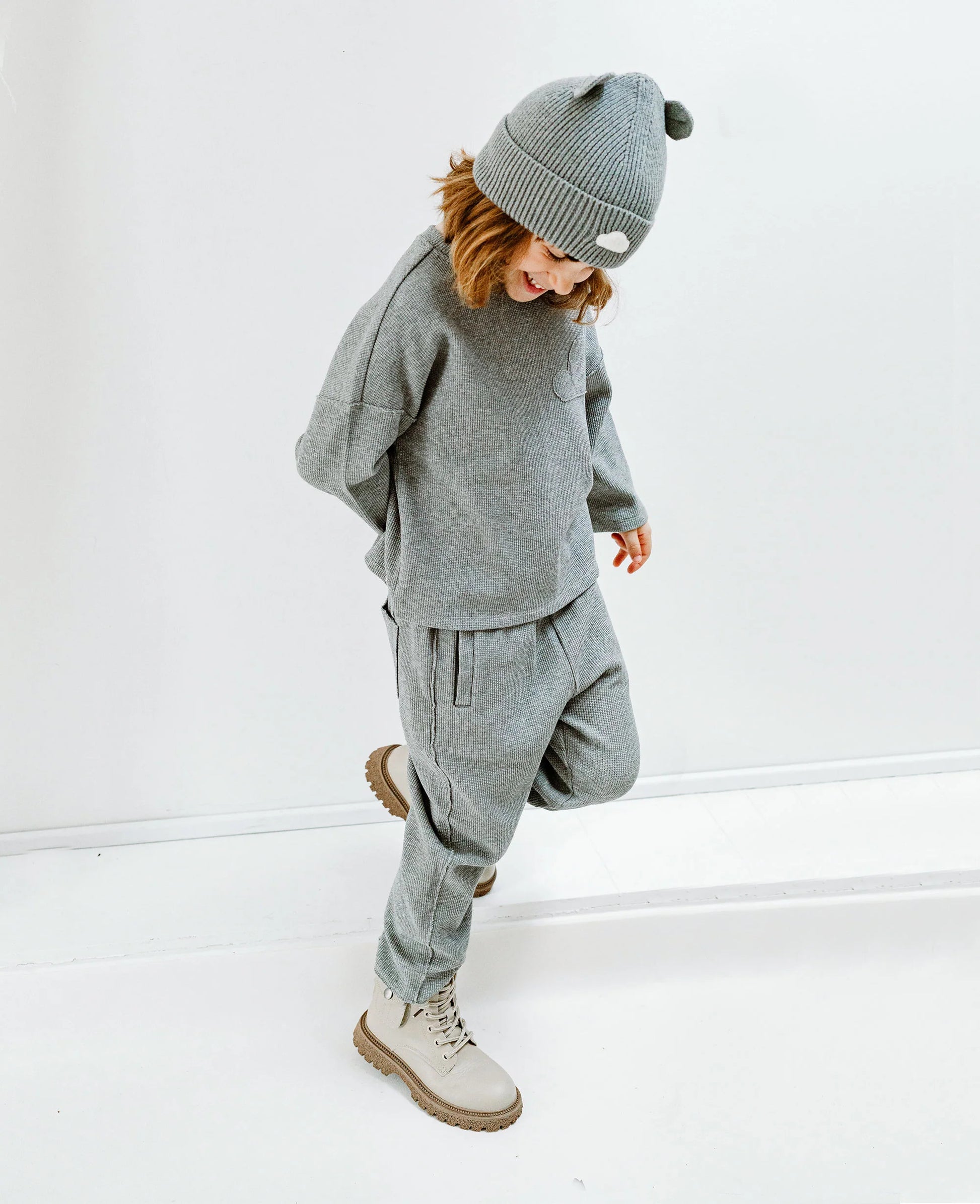 PETITE REVERY  RAW EDGE WAFFLE KNIT JOGGERS STONE