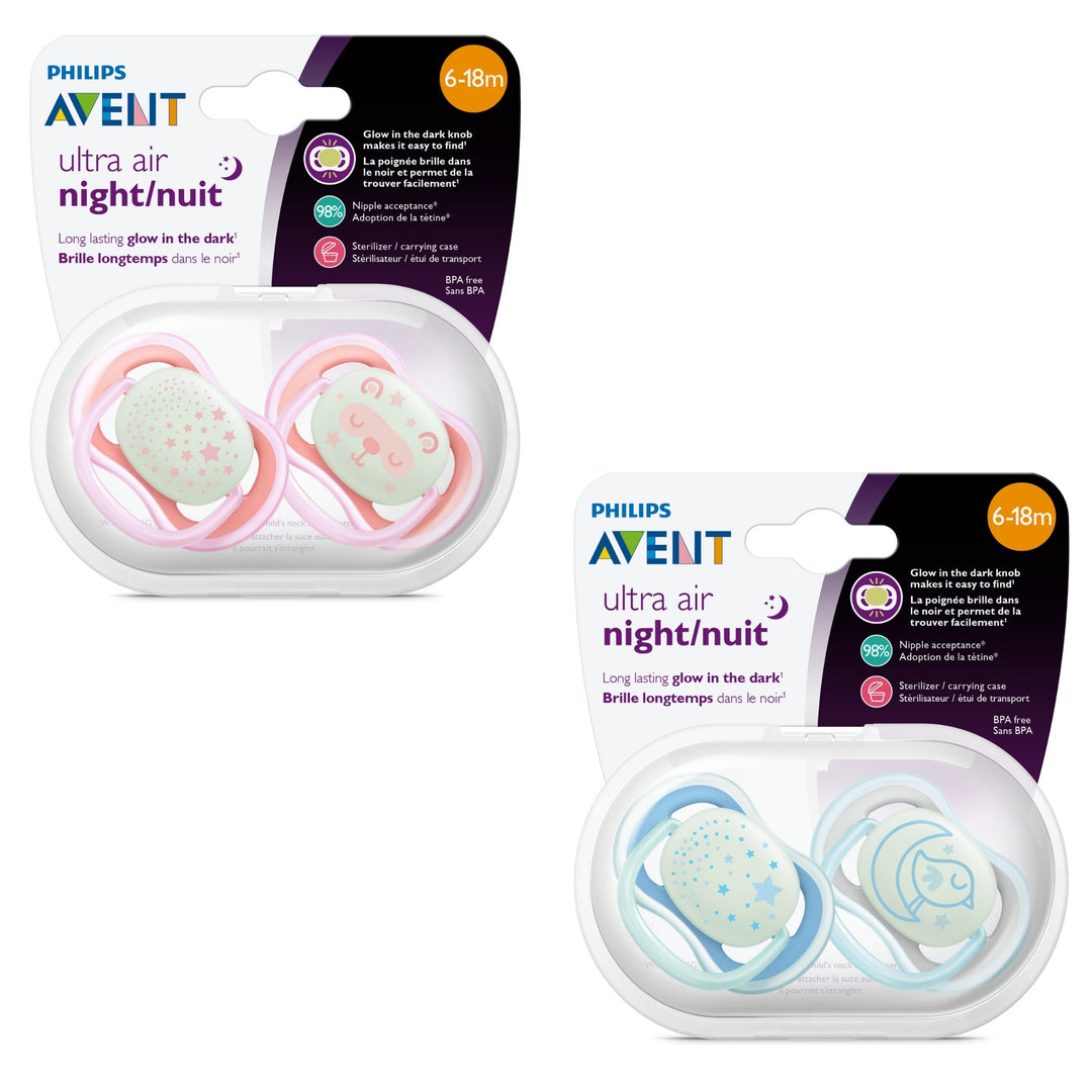 Philips Avent Ultra Air Nighttime Pacifier 6-18M Various Designs 2 Packs