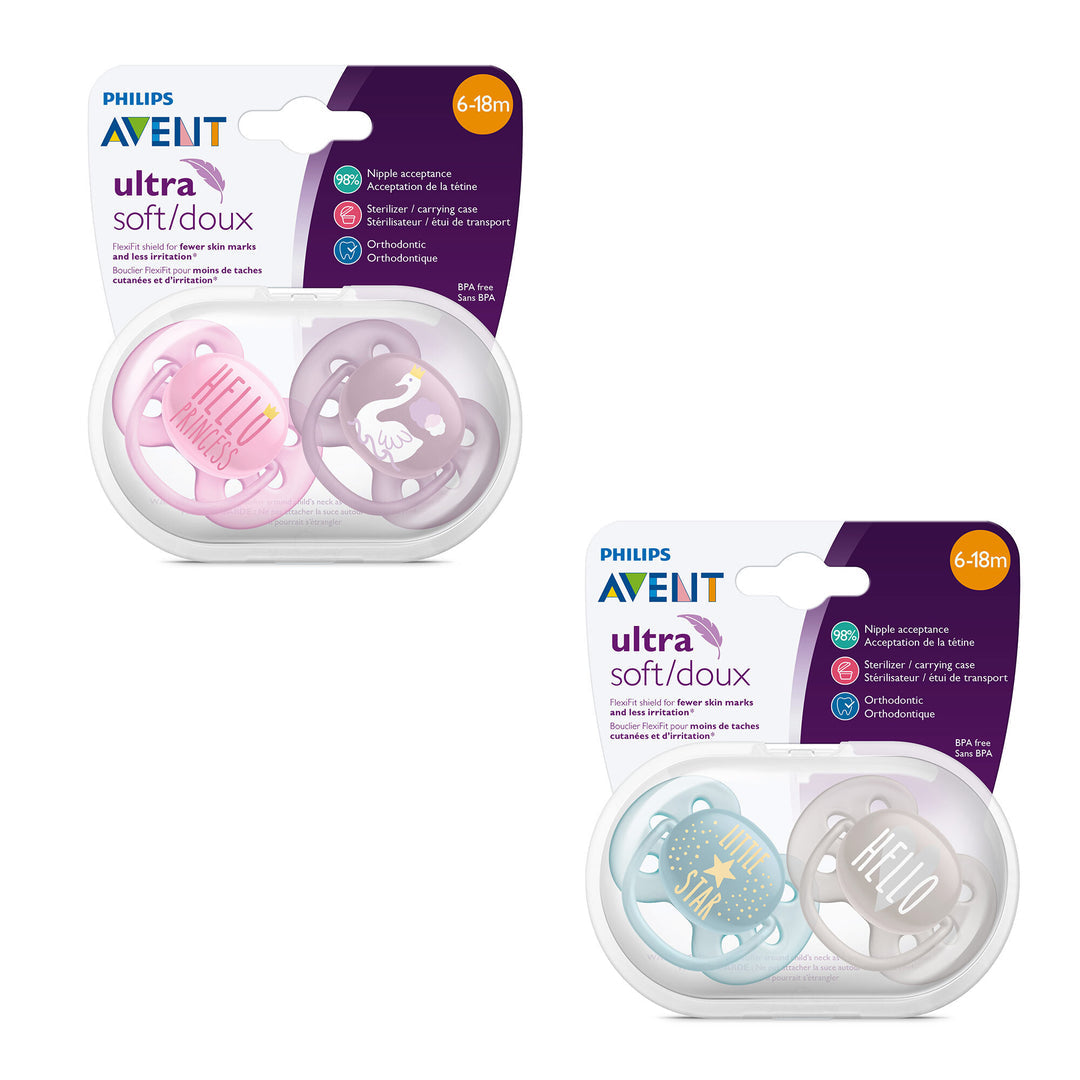 PHILIPS AVENT ULTRA SOFT PACIFIER 6-18M VARIOUS DESIGNS 2 PACK - baby enRoute