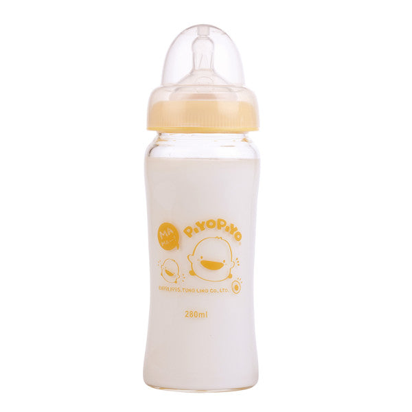 Piyo Piyo duckling wide neck glass bottle with yellow cap, 280 ml
