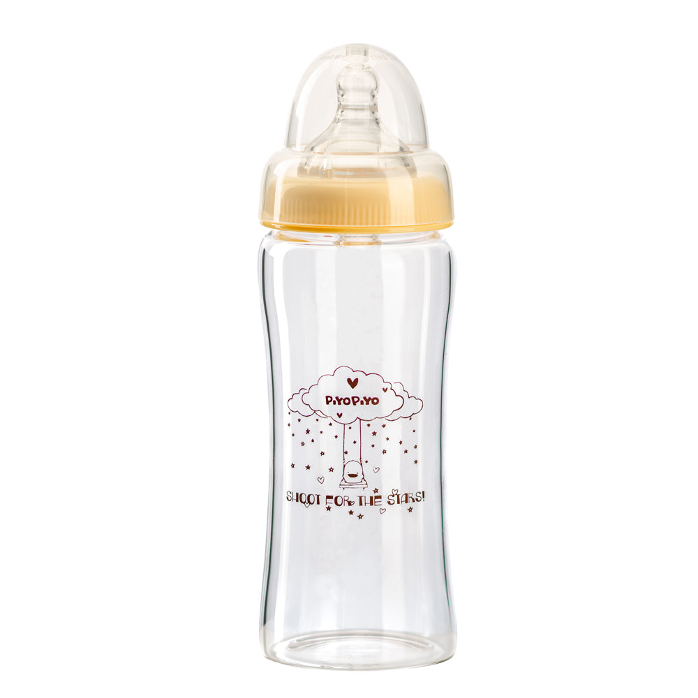 Piyo piyo duckling wide-neck glass bottle, clear with yellow ring