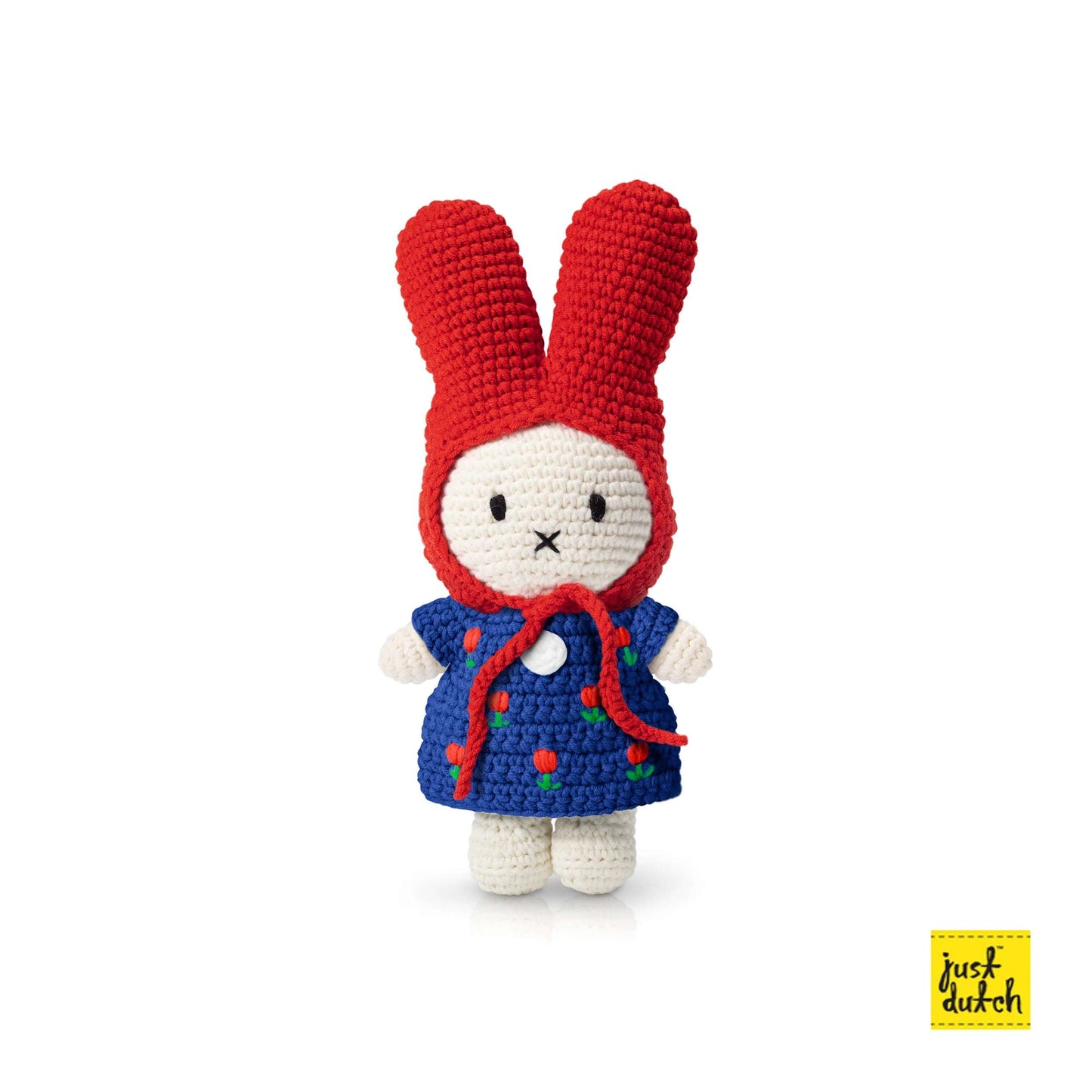 Miffy plush bunny in blue tulip dress with red hat