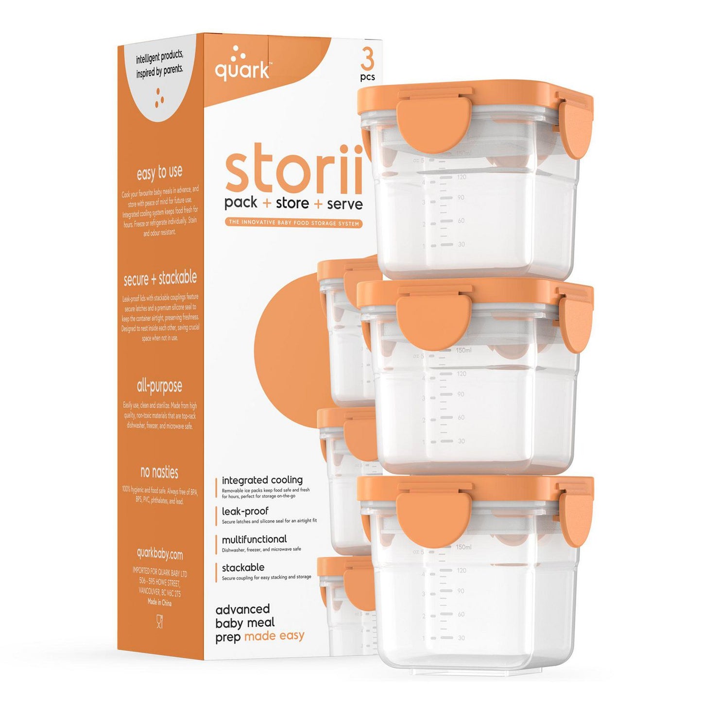 QUARK STORII BABY FOOD STORAGE CONTAINERS WITH LIDS & BUILT-IN REMOVABLE ICE PACK - 3 PACK 5OZ - baby enRoute