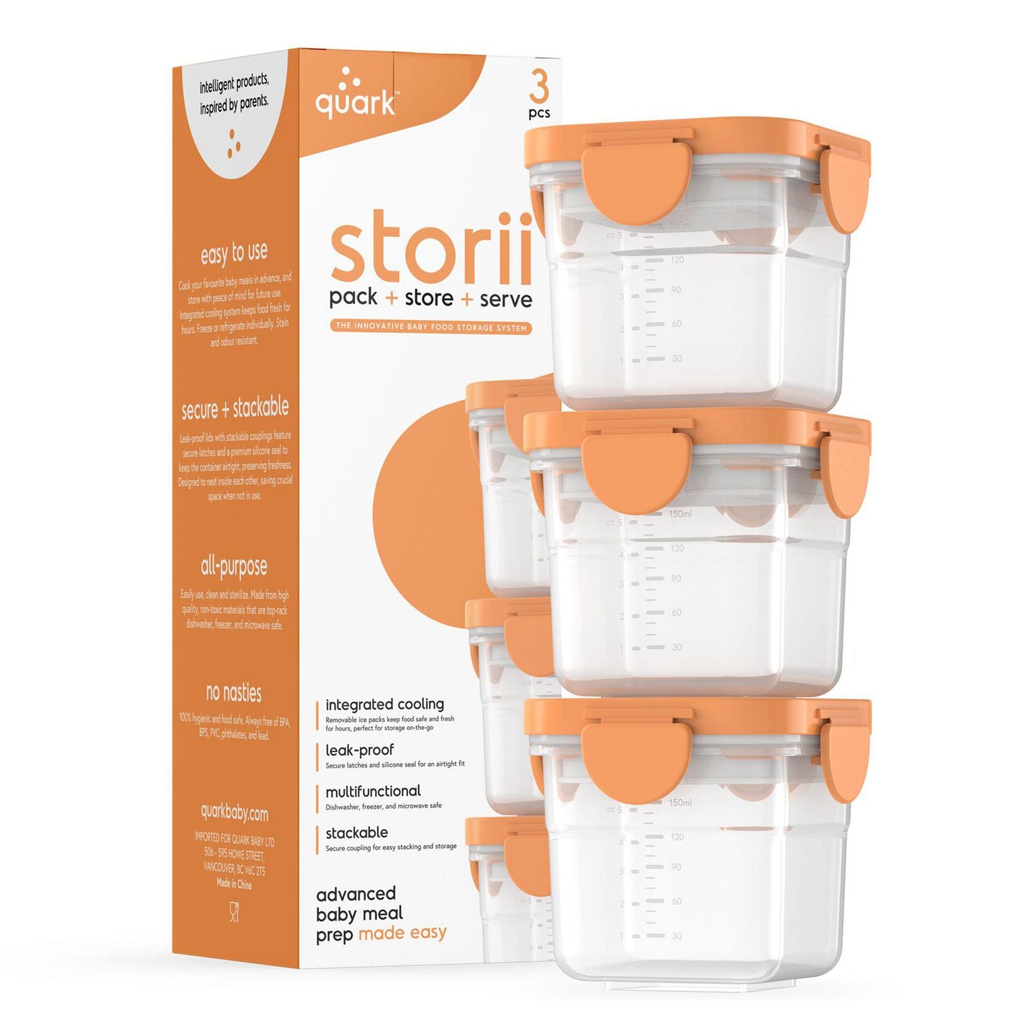 Quark Storii Baby Food Storage Containers With Lids & Built-In Removable Ice Pack 3 Pack 5 oz