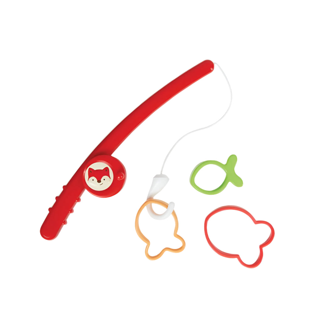 Skip Hop Zoo Fishin' Fox bath toy with red handle and three fish-shaped pieces