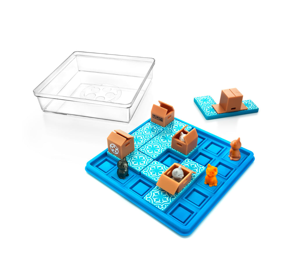 Smart Games Cats & Boxes blue game board with patterned tiles and cat figures