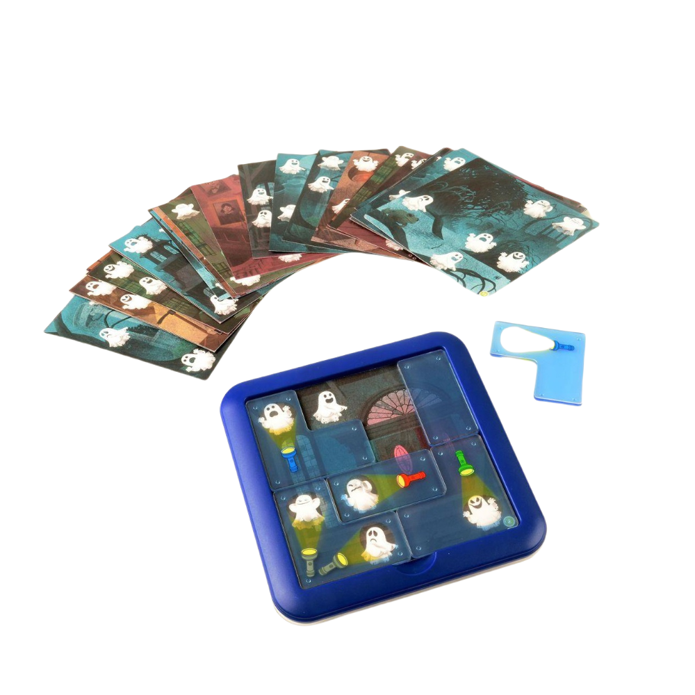 Smart Games Ghost Hunters game with blue tray and multiple cards