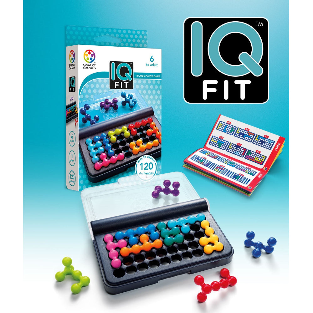 IQ Fit puzzle game with colorful molecule-shaped pegs in black tray