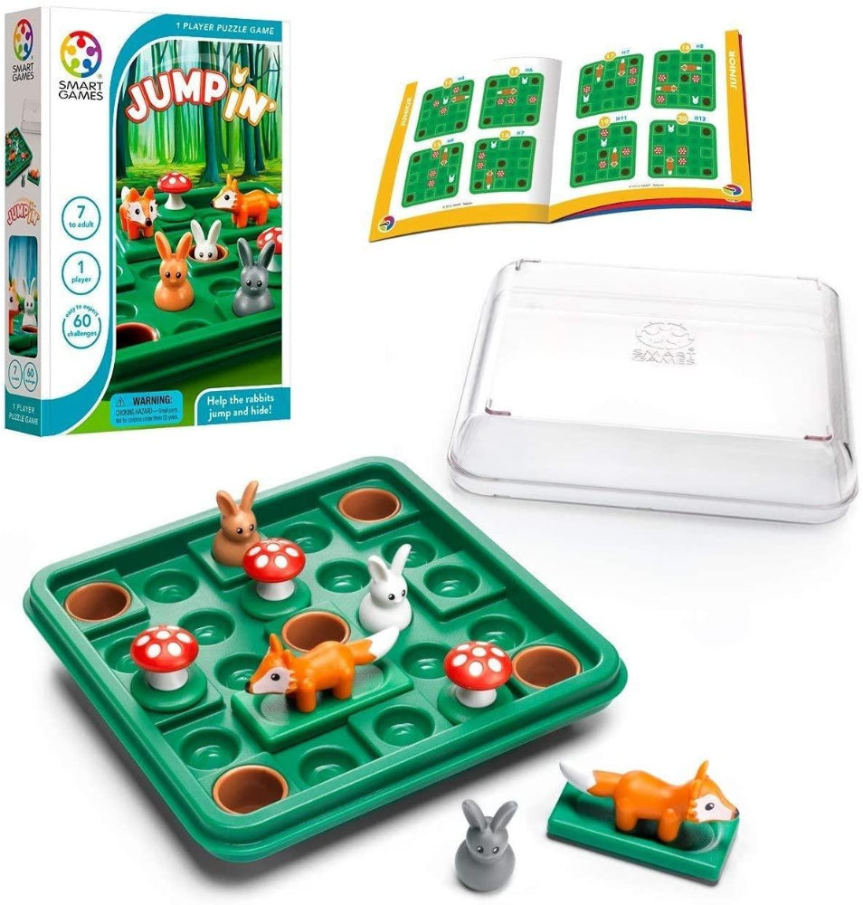 Jump In puzzle game green board with orange fox and rabbit pieces
