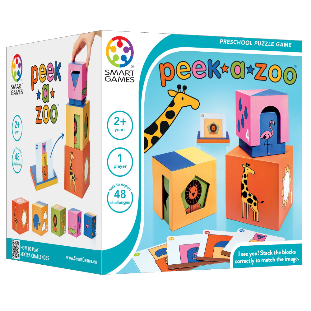 Peek-a-zoo puzzle blocks by Smart Games, colorful animal cubes