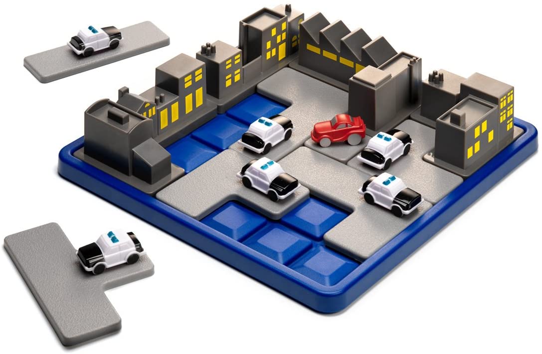 Smart Games Roadblock puzzle game with blue board and police cars