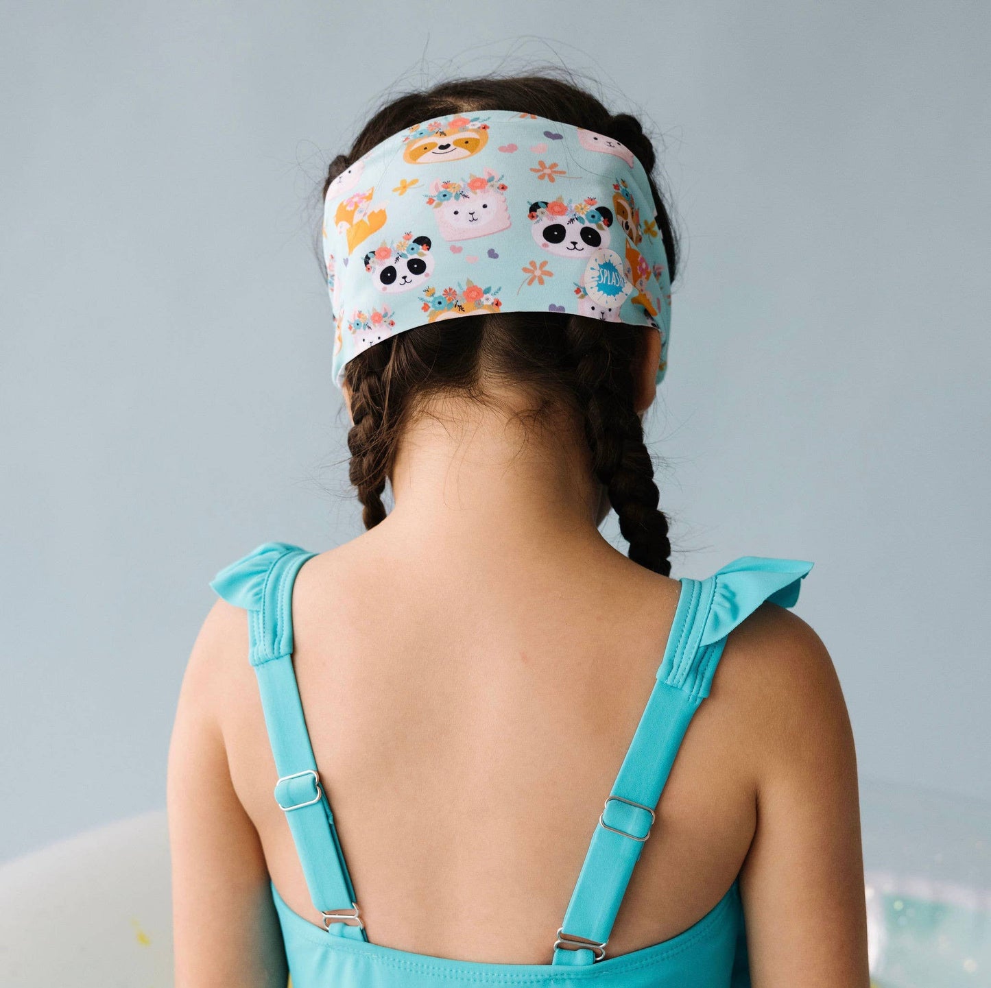 Splash swim goggles forest friends pattern blue headband on child