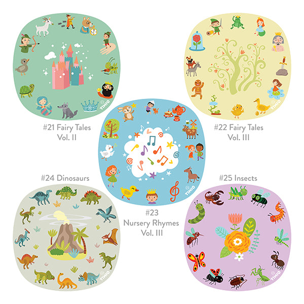 Timio disc set 4; five round discs in green yellow blue purple gray