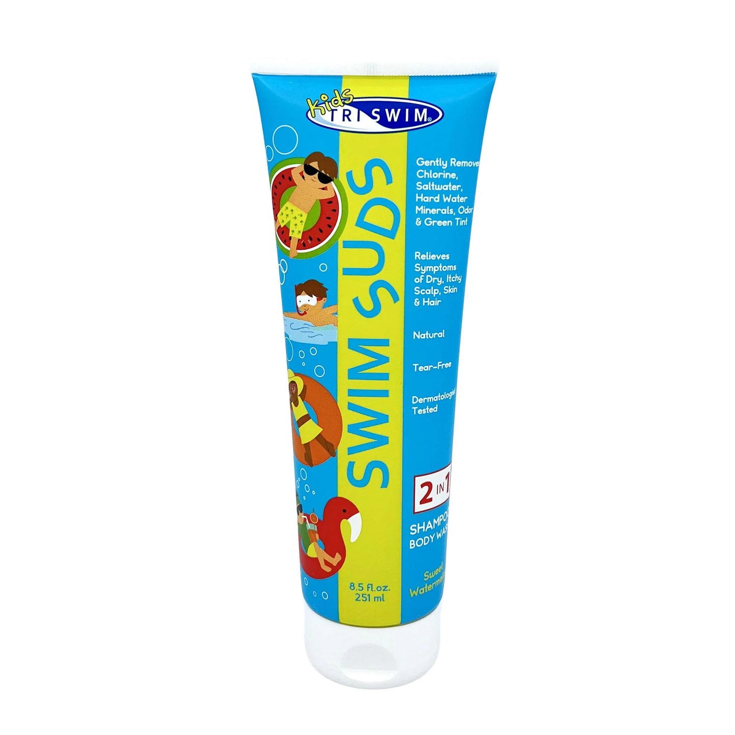 Triswim kids swim suds 2-in-1 shampoo and body wash blue bottle with cartoons