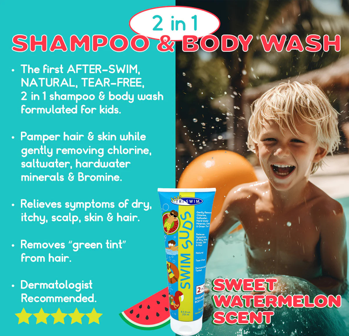 Triswim kids swim suds chlorine-out 2-in-1 shampoo body wash blue bottle