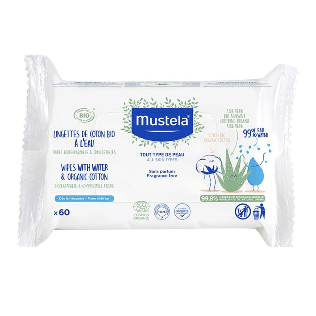 MUSTELA CERTIFIED ORGANIC ORGANIC COTTON WIPES WITH WATER 60PC