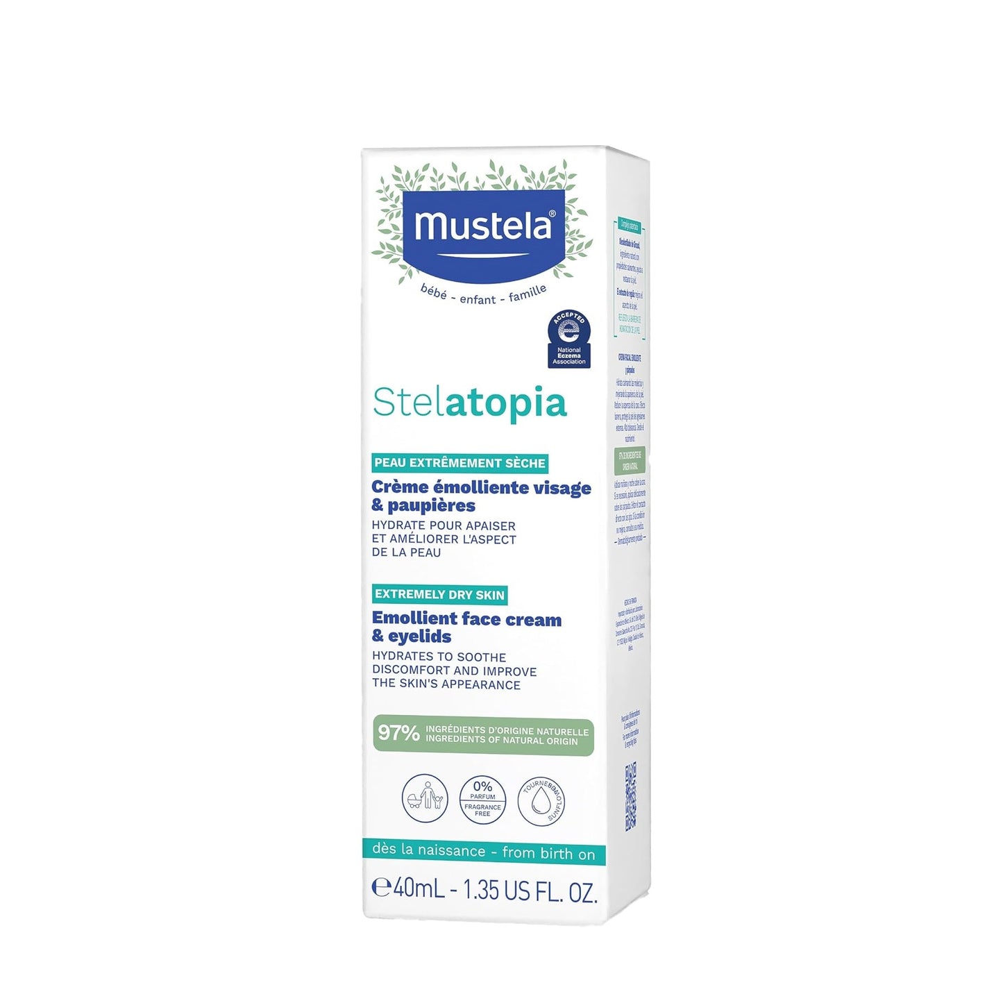 Mustela Stelatopia emollient facial cream box with teal branding 40 ml