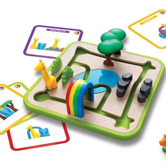 Smart Games Safari Park Jr. green-bordered puzzle board with colorful pieces