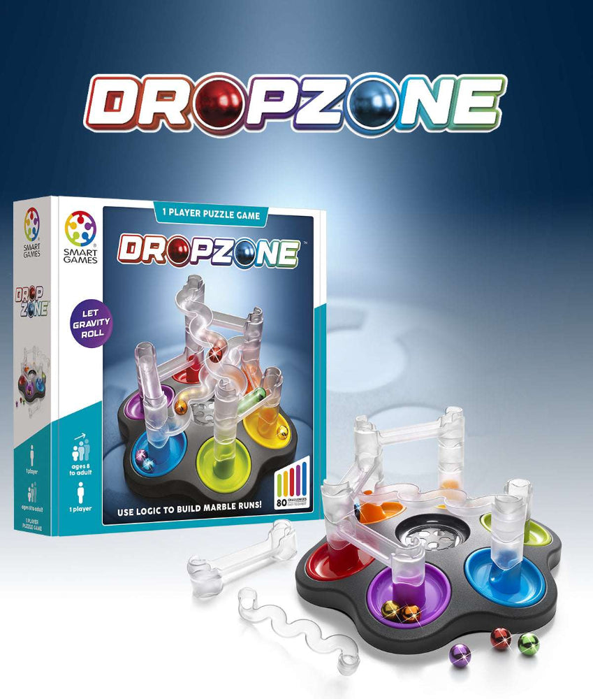 Dropzone puzzle game by Smart Games, colorful circular bases and clear tubes