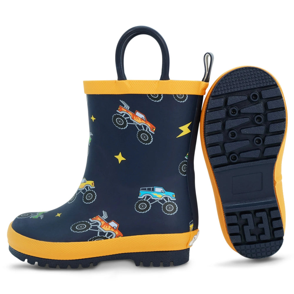 puddle dry rain boots navy with yellow trim and monster truck pattern, 2 boots